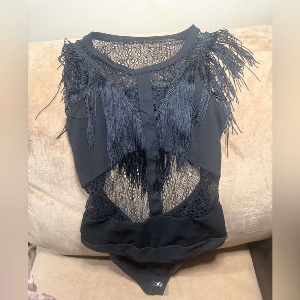 SHEIN Women’s Medium Black Fringe Lace Bodysuit